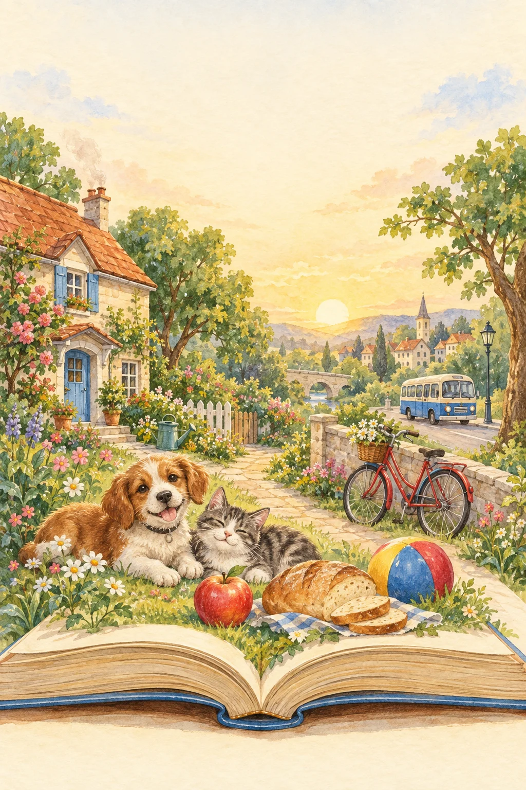 An open book becomes a garden with a puppy, kitten, apple, bread, ball, bicycle, and bus