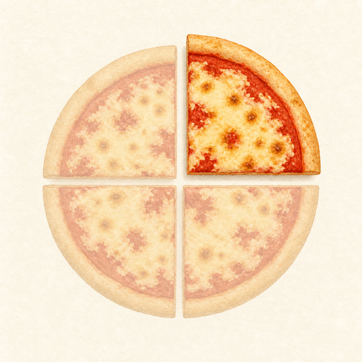 One bright quarter of a pizza beside three faded quarters.