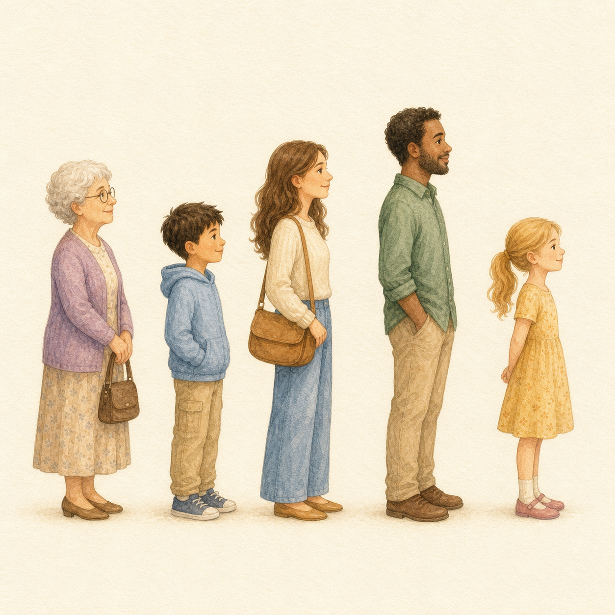 Five people waiting patiently in a single-file queue.