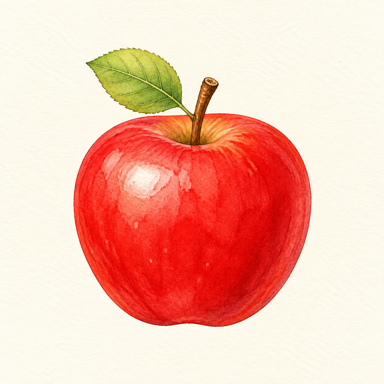 A red apple with a small green leaf.