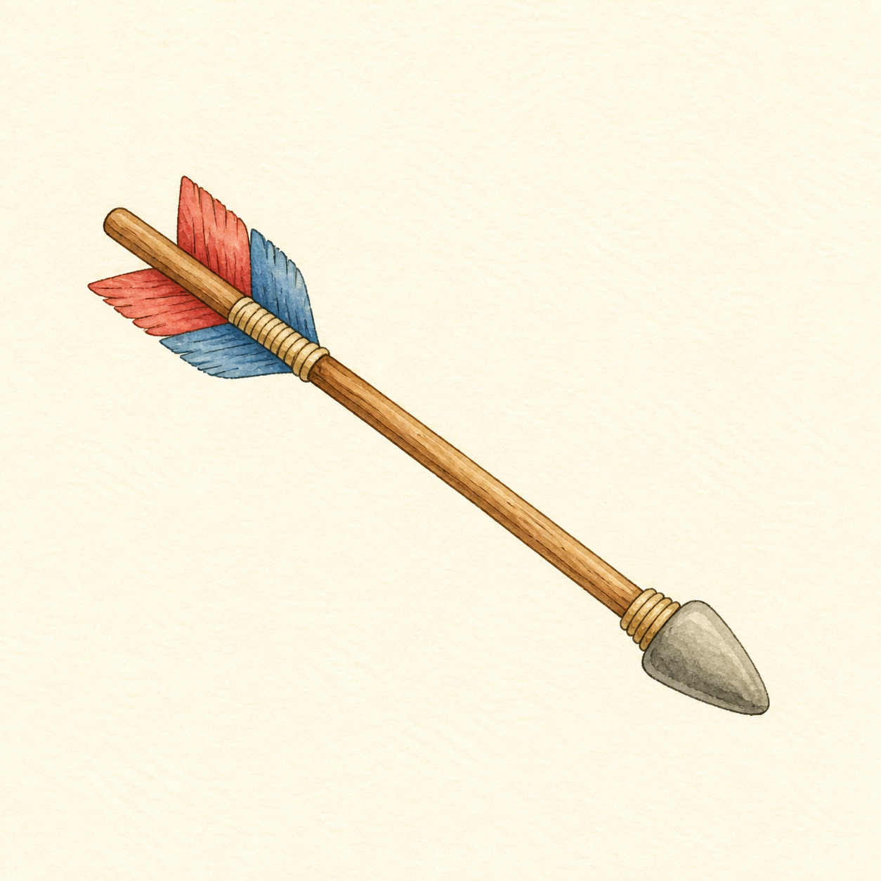 A simple wooden arrow with feather fletching.