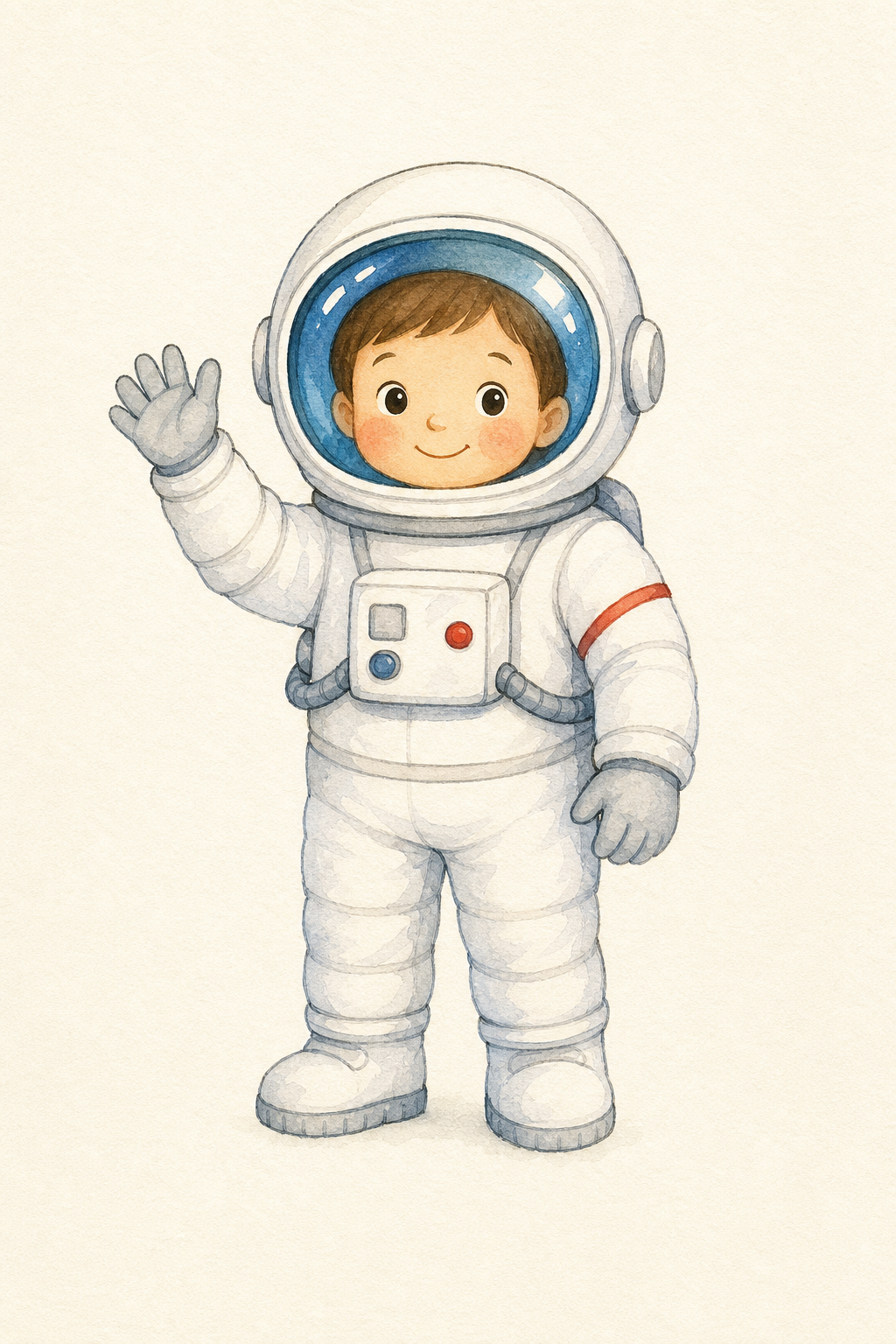 An astronaut in a white space suit waving.