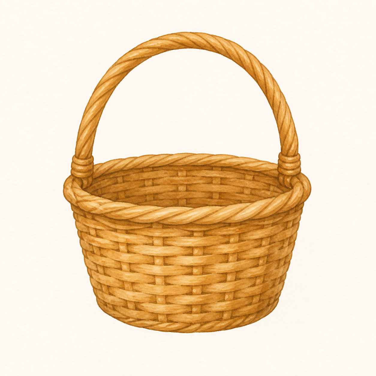 A woven tan basket with a rounded handle.