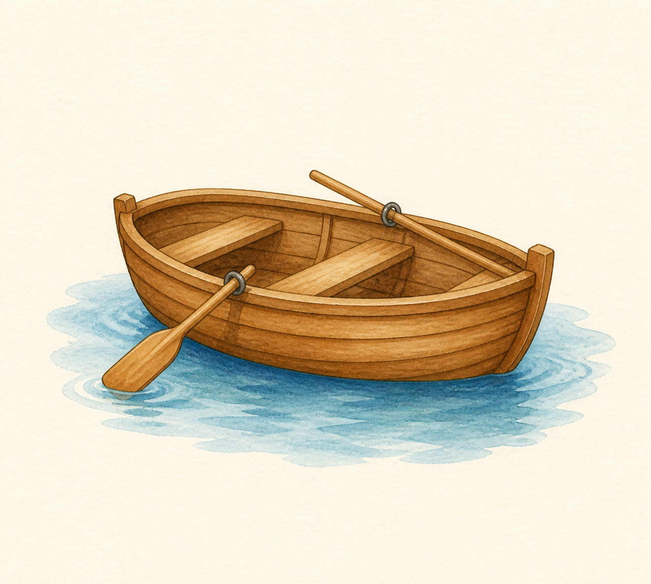 A small wooden boat floating on calm water.