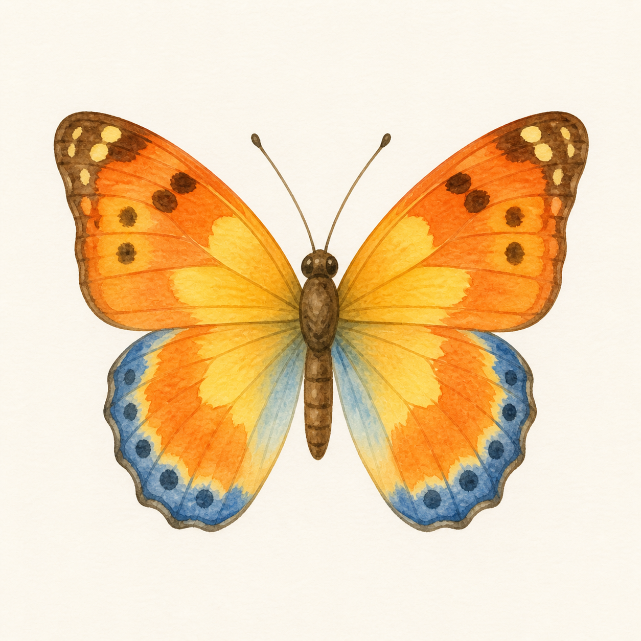 An orange, yellow, and blue butterfly with open wings.