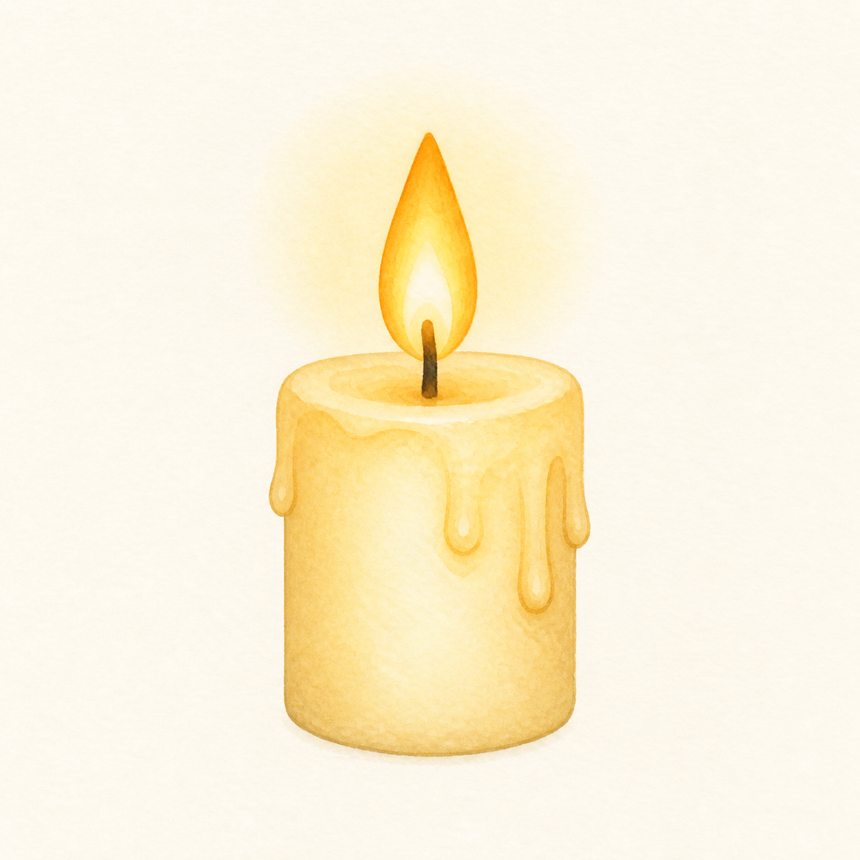 A short cream candle with a small golden flame.