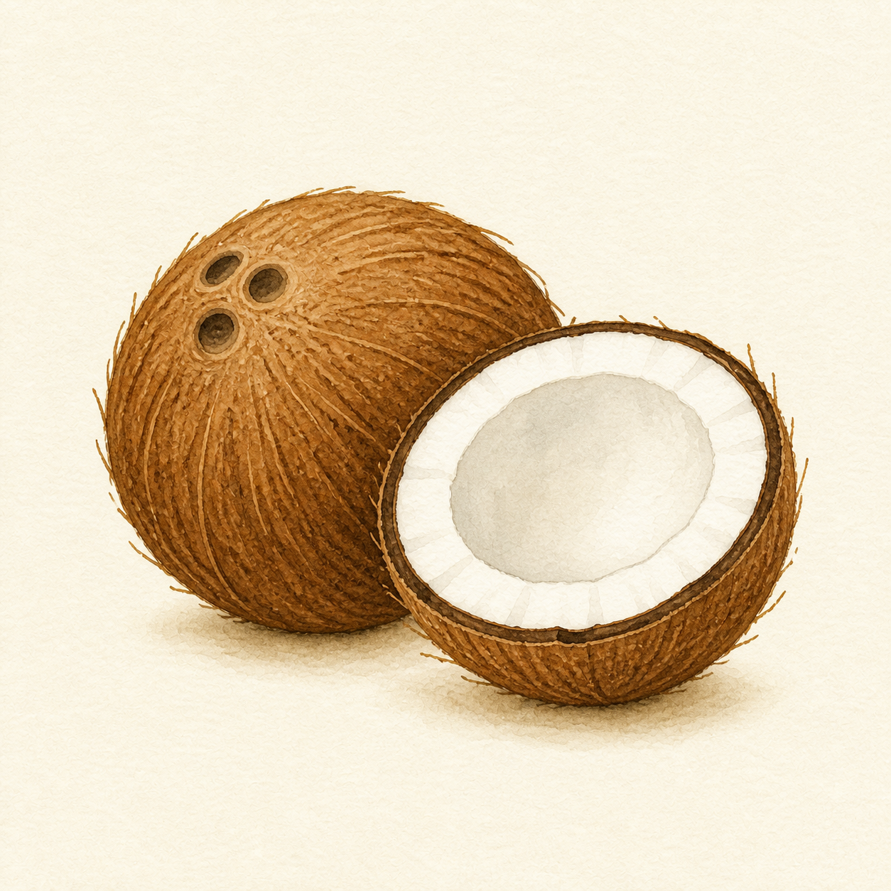 A brown coconut with a cut half showing white coconut inside.