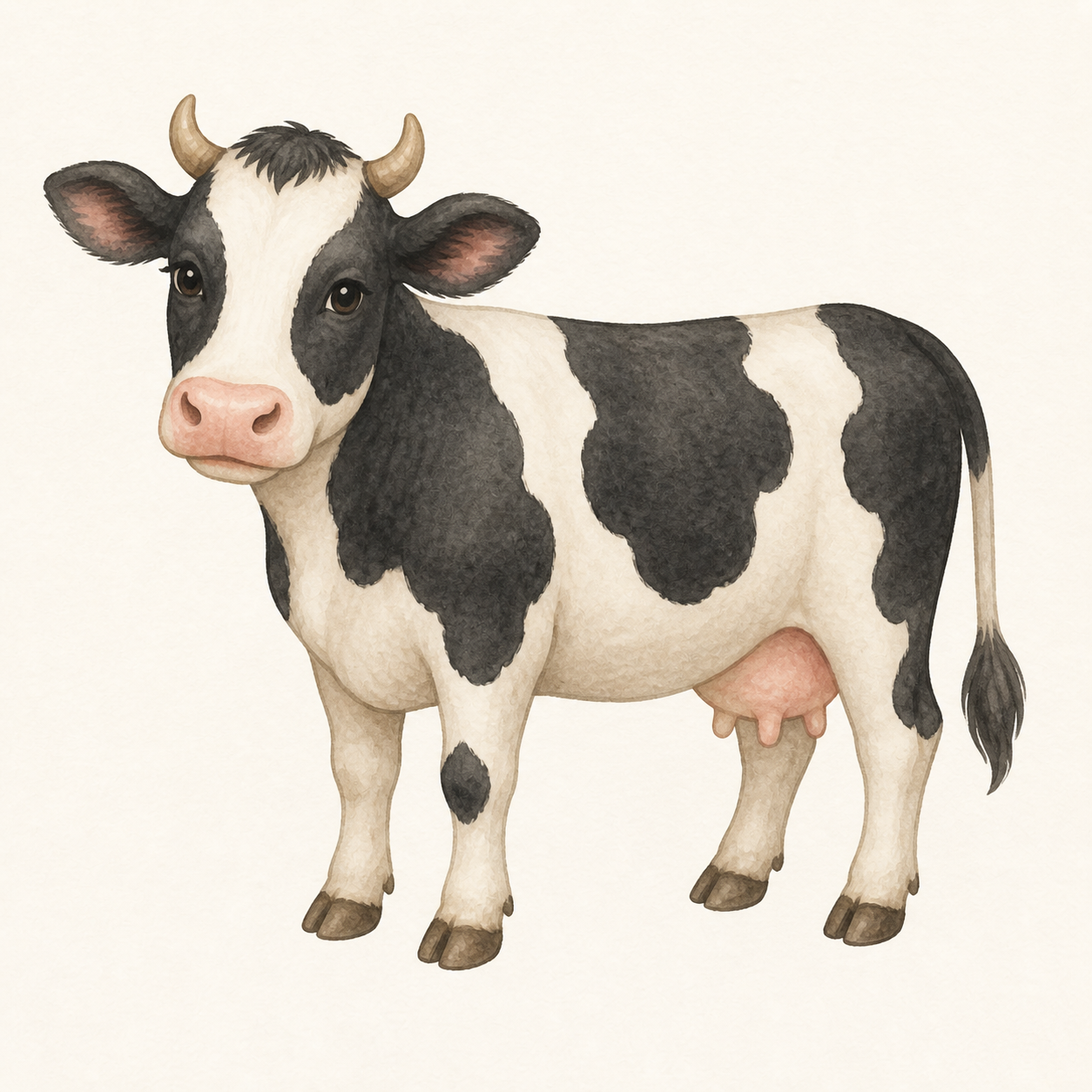 A friendly black-and-white cow standing calmly.