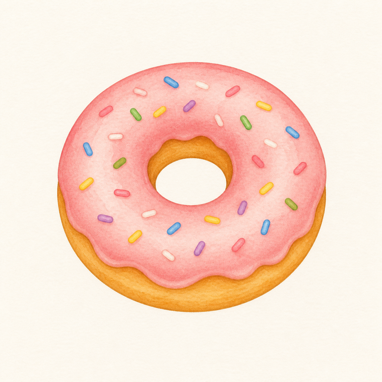 A round donut with pink icing and tiny sprinkles.
