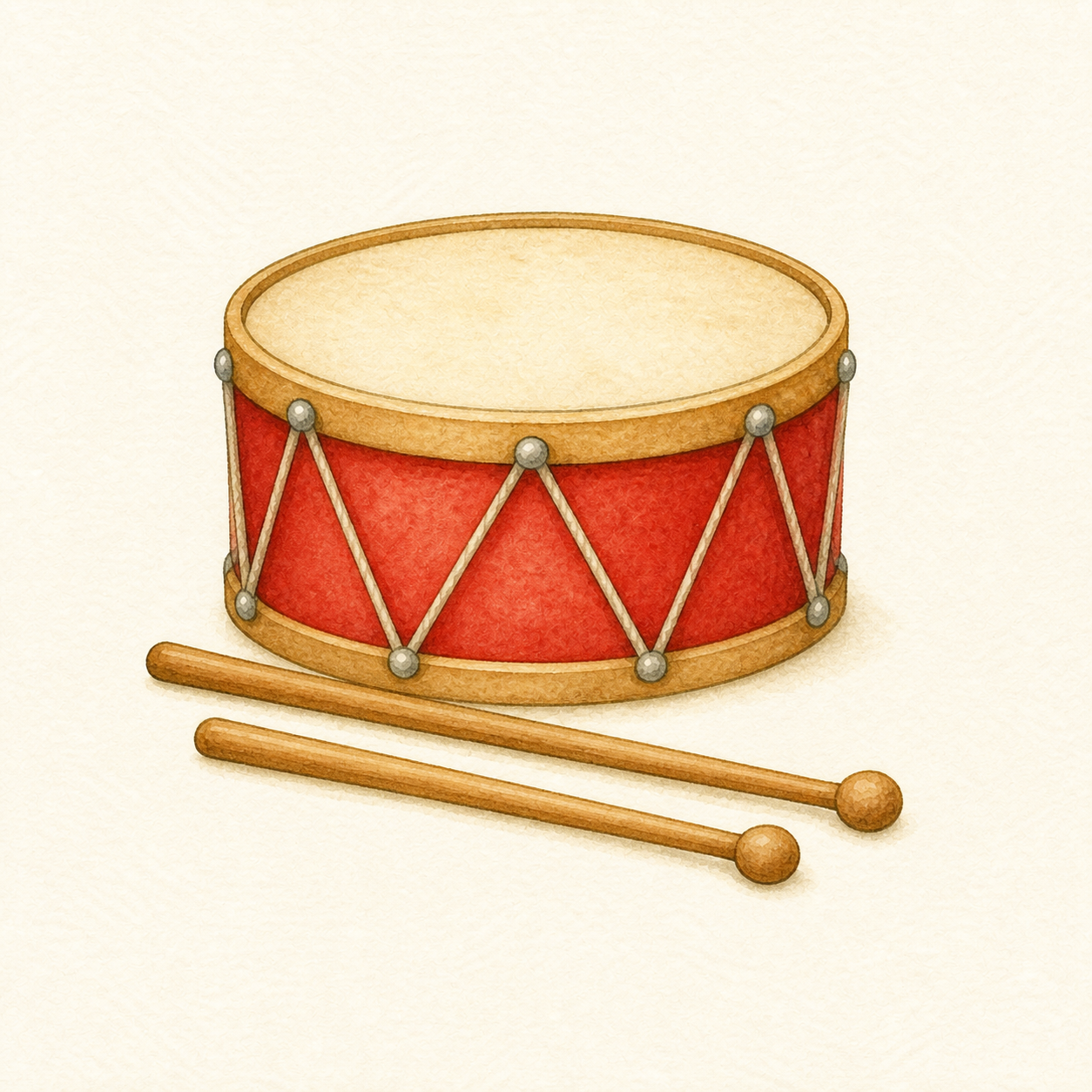 A small round drum with drumsticks.