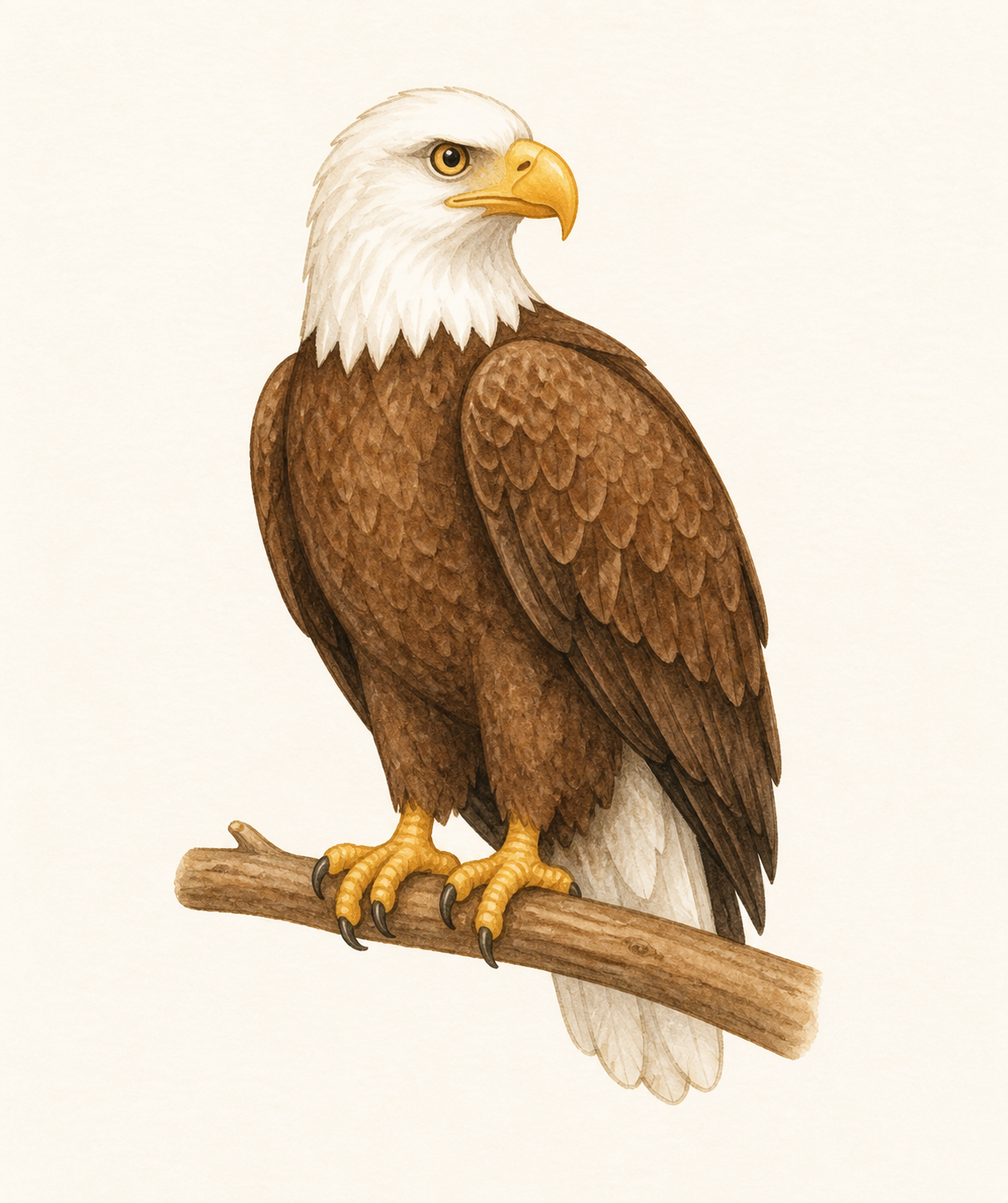 A brown eagle with a white head and folded wings.