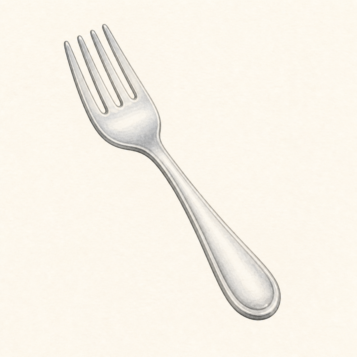 A silver eating fork with four rounded tines.