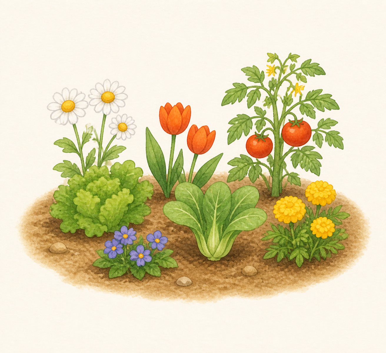 A small garden patch with green plants and flowers.
