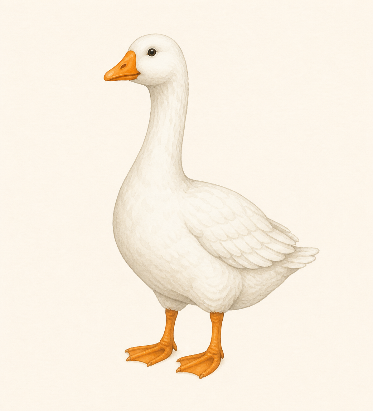 A white goose with a long neck and orange beak and feet.