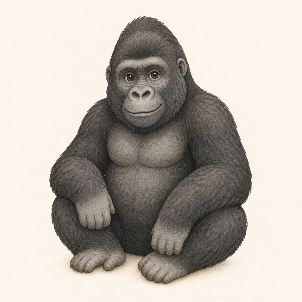 A gentle dark-grey gorilla sitting calmly.