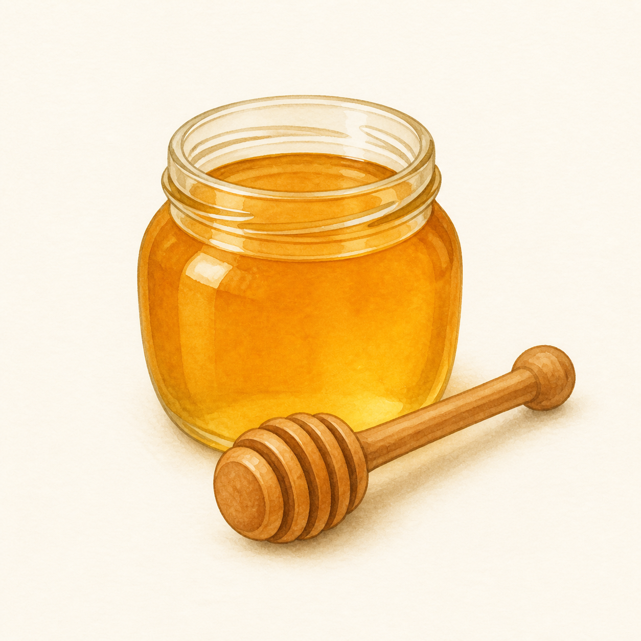 A clear jar of golden honey with a wooden dipper.