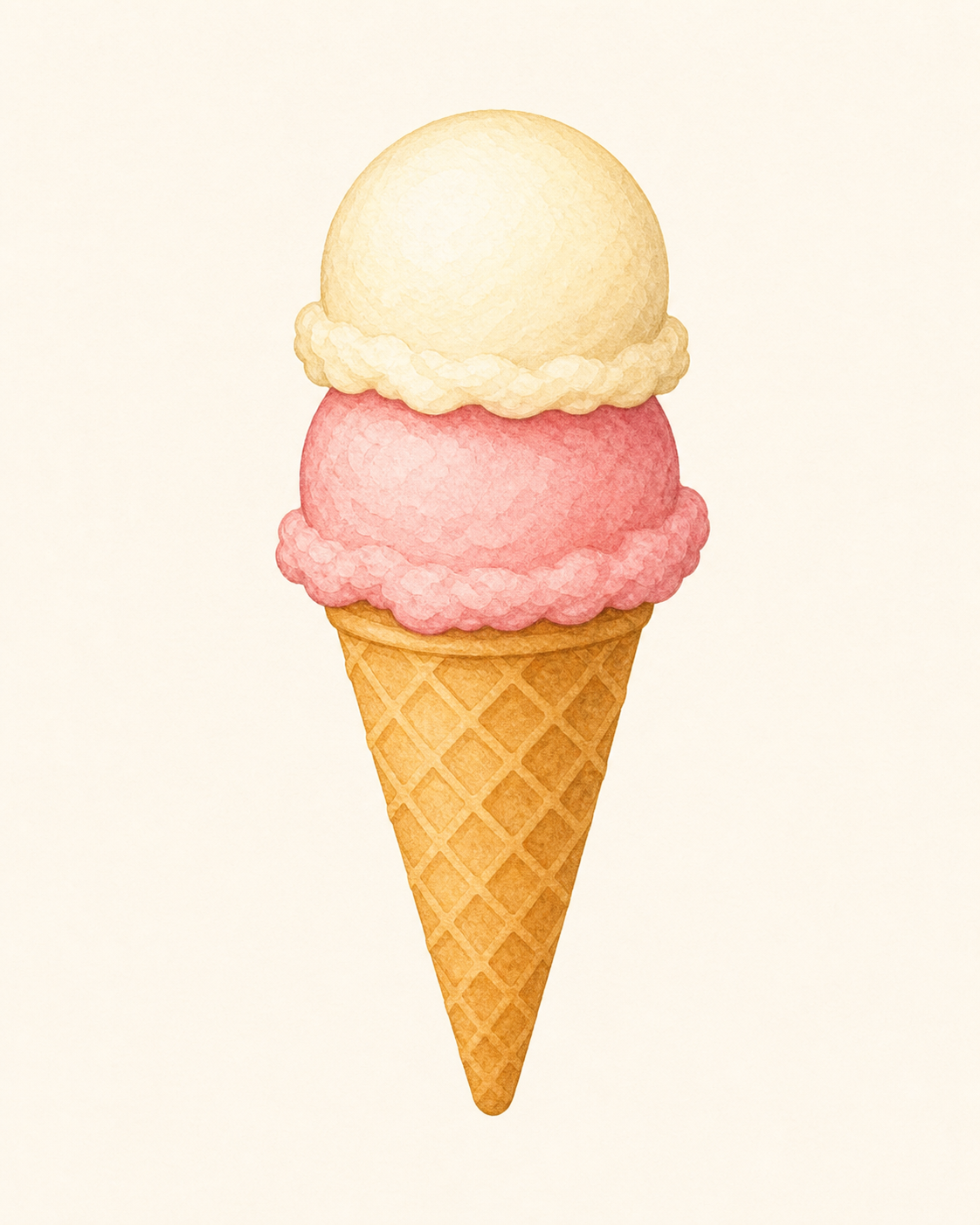 A waffle cone topped with rounded pastel scoops of ice cream.