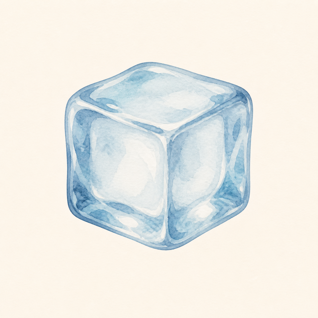 A clear-blue ice cube with rounded edges.