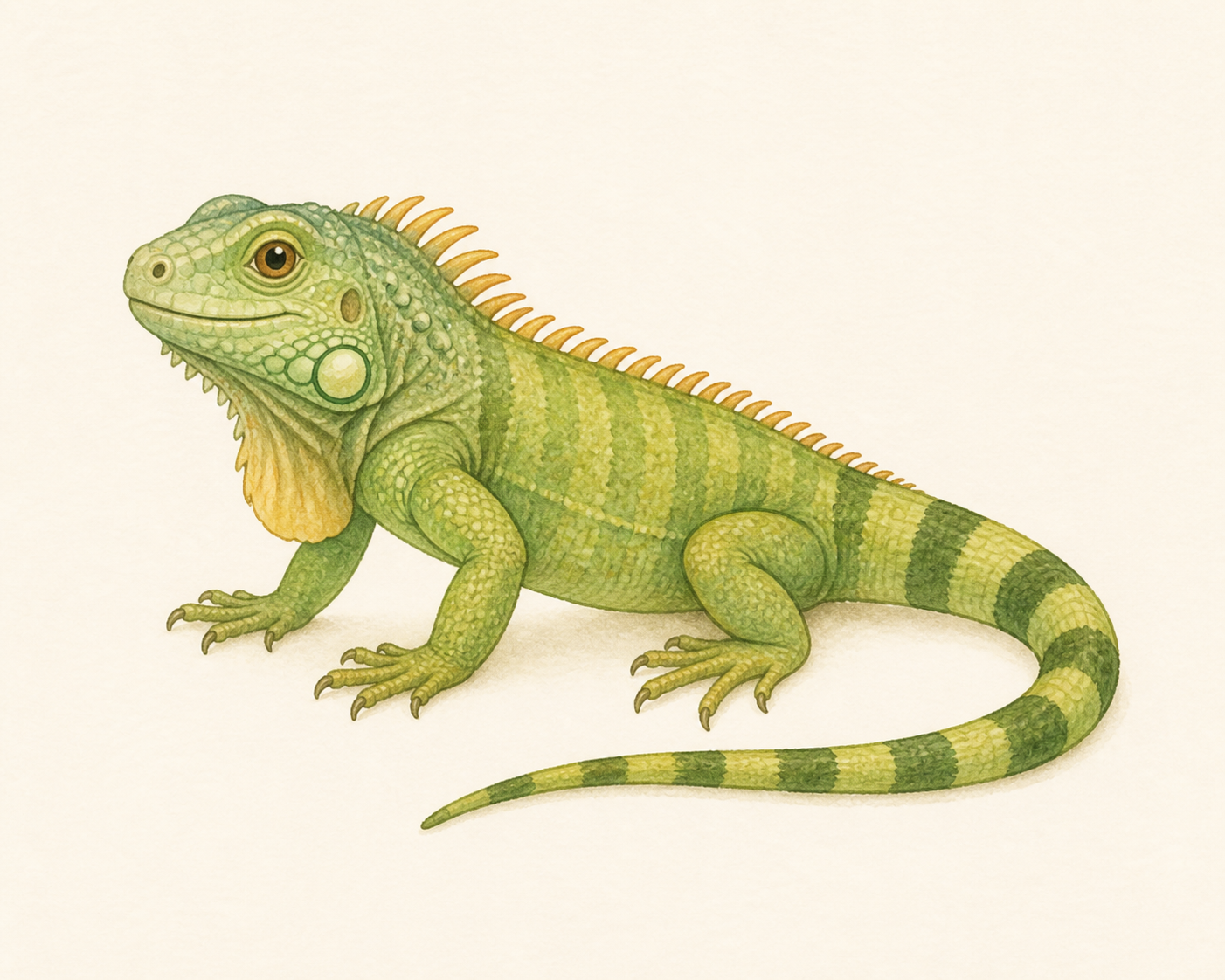 A calm green iguana with a long tail.