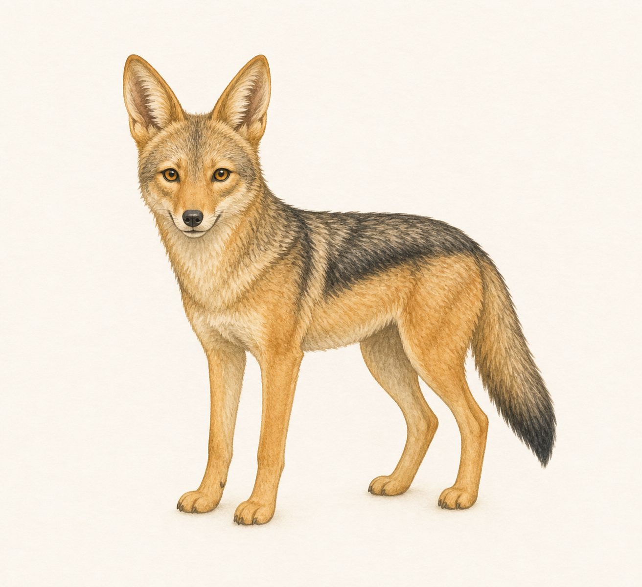 A golden-brown jackal with pointed ears and a slim tail.