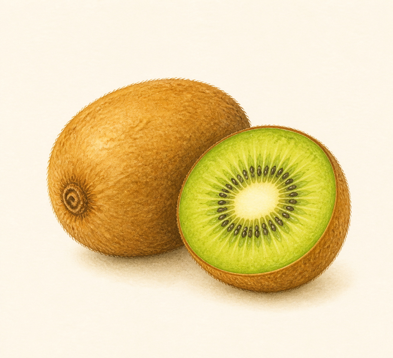 A whole brown kiwi beside a cut half with green flesh and black seeds.