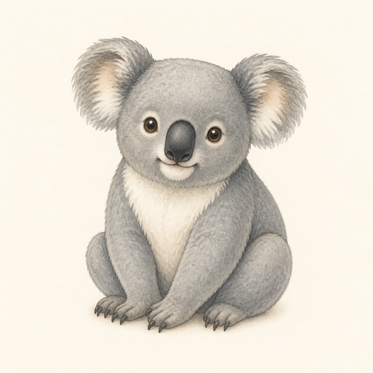 A soft grey koala sitting calmly with round ears.