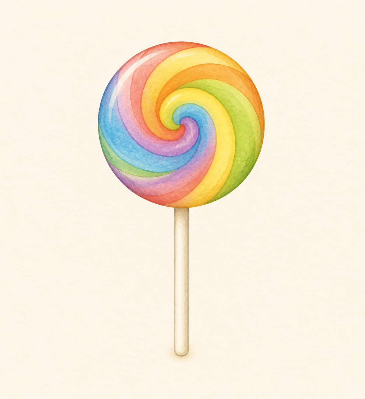 A round pastel swirl lollipop on a white stick.
