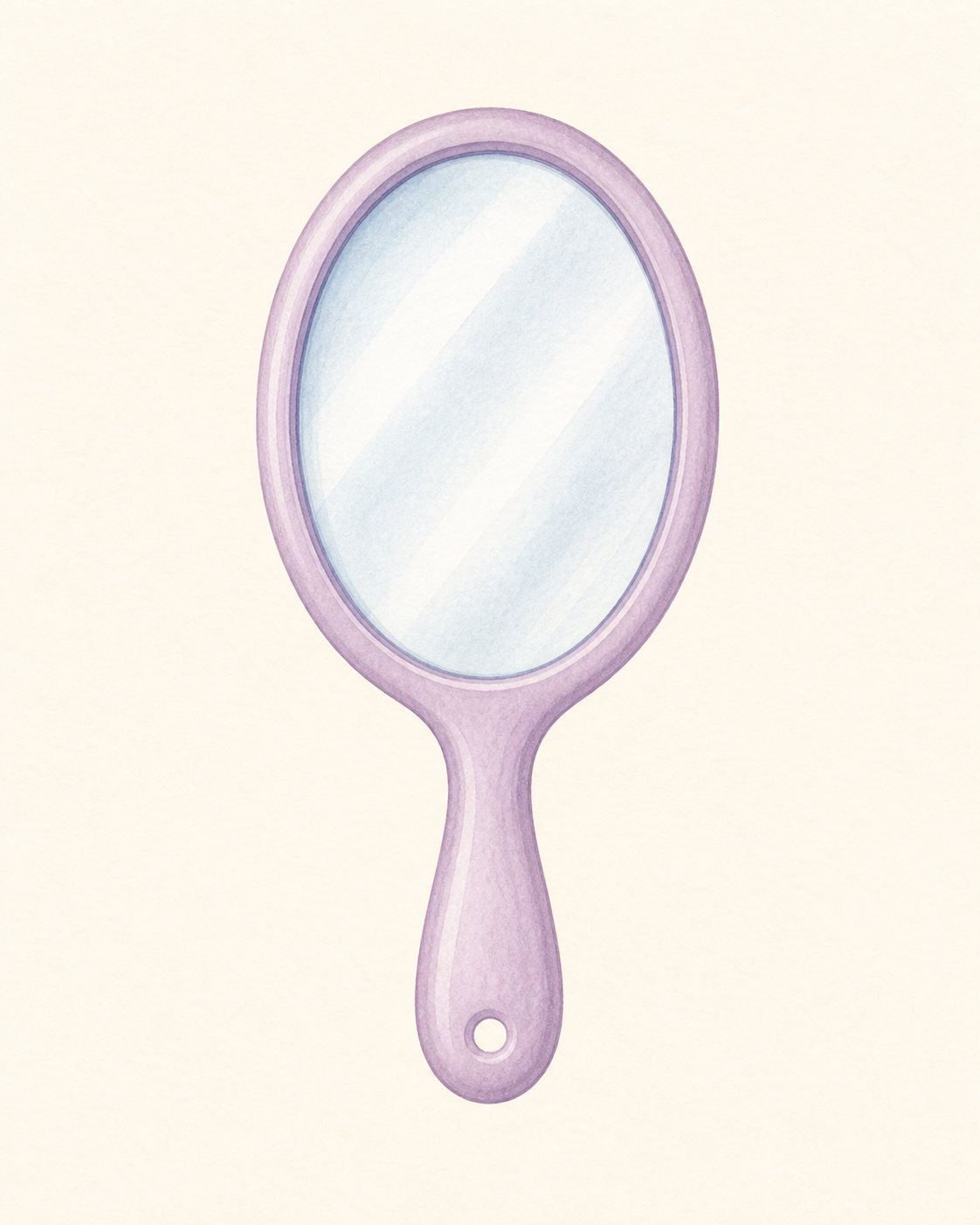A handheld oval mirror with a soft pastel frame.