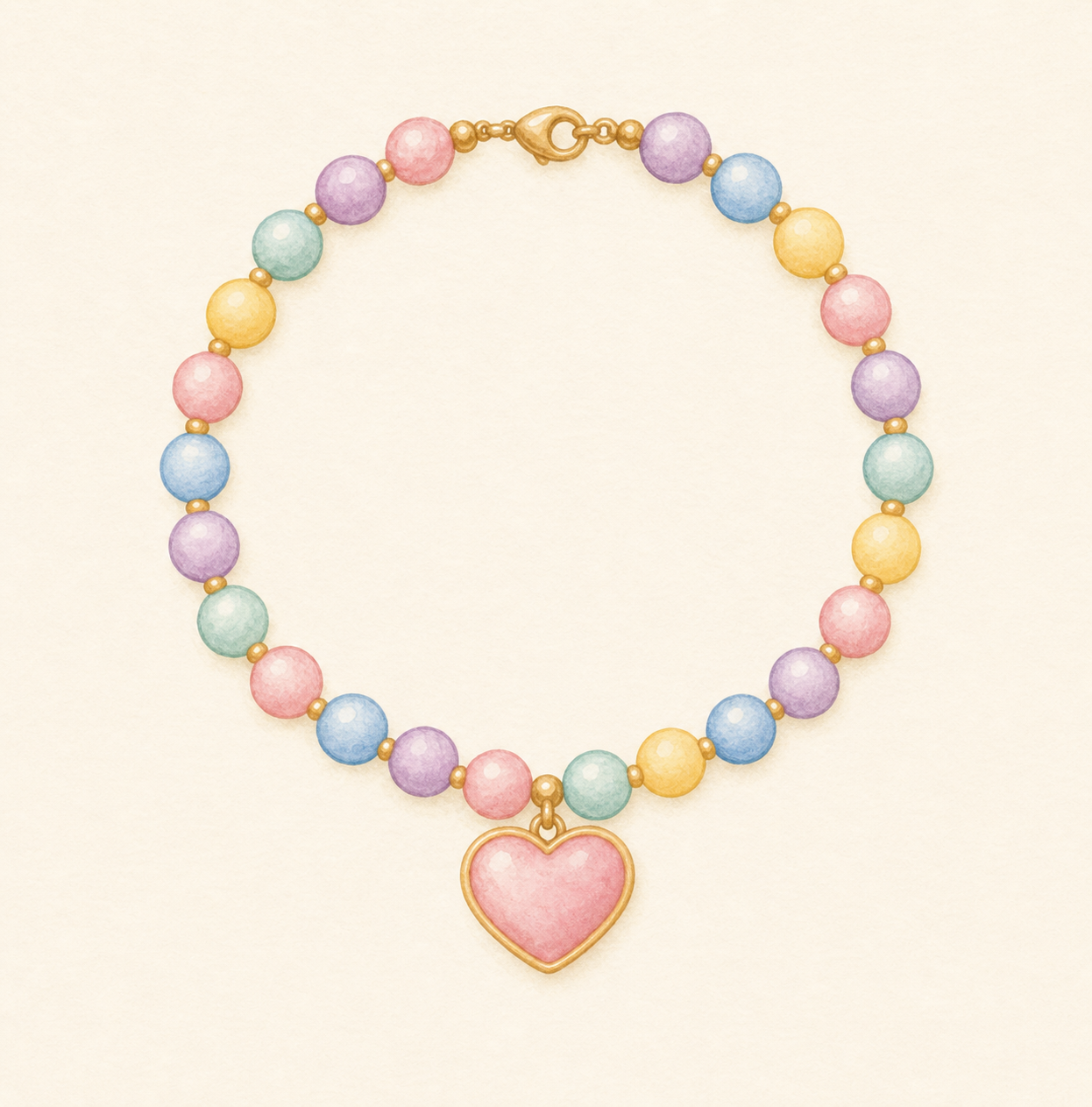 A pastel beaded necklace with a pink heart pendant.
