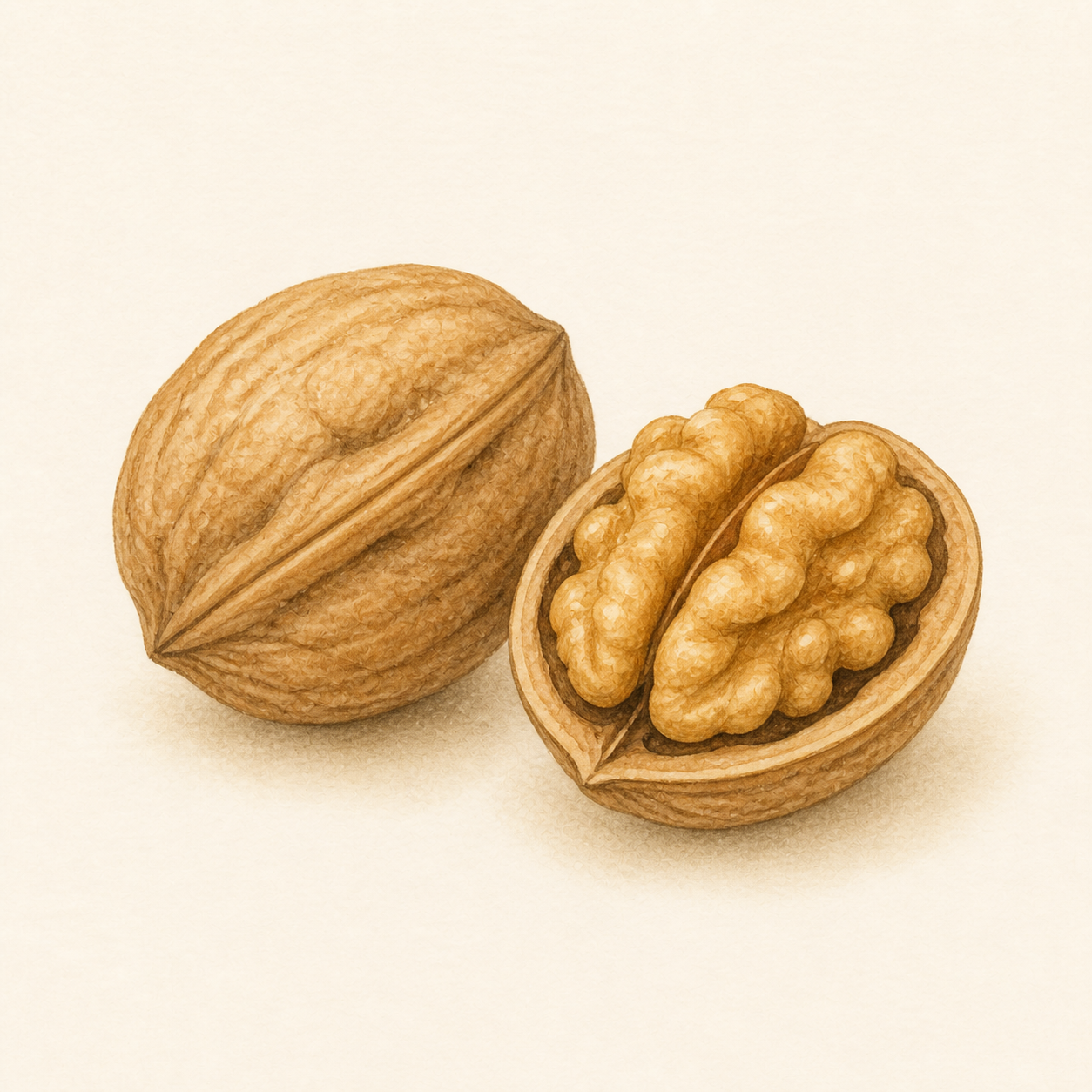 A whole walnut beside an opened walnut half showing the kernel.