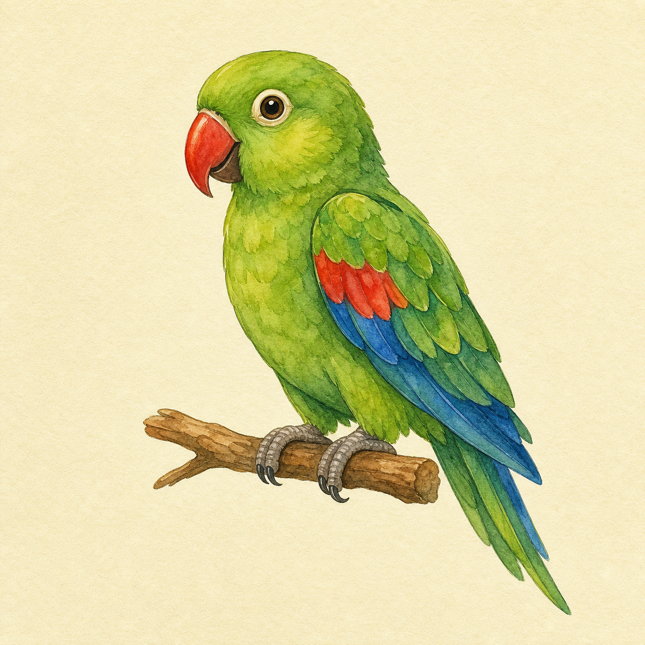 A friendly green parrot perched on a small branch.