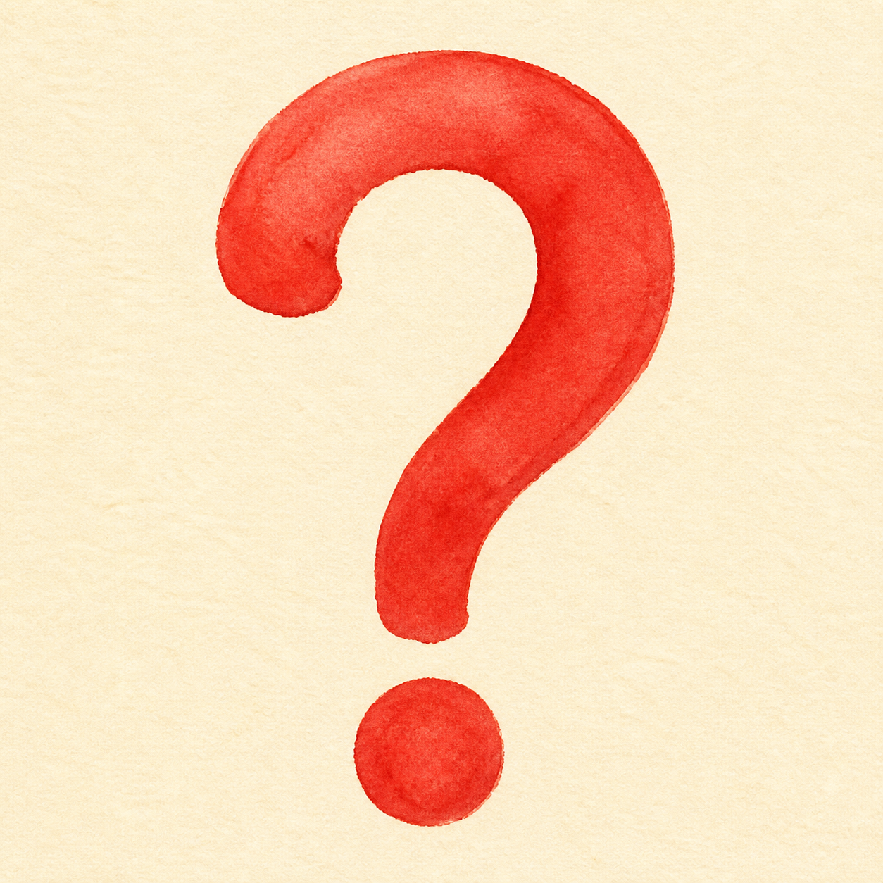 A large hand-painted red question mark.
