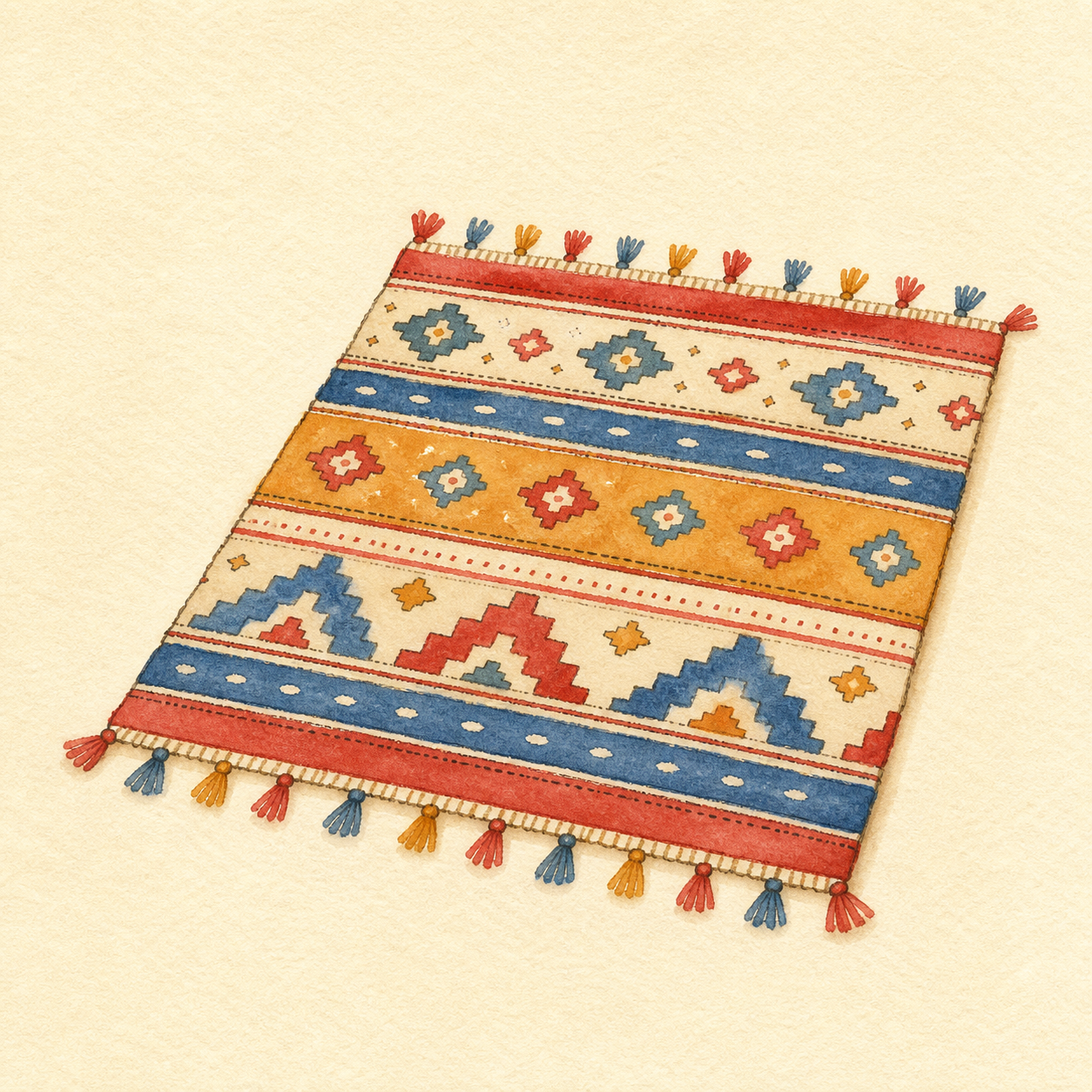 A small woven rug with colorful geometric stripes.