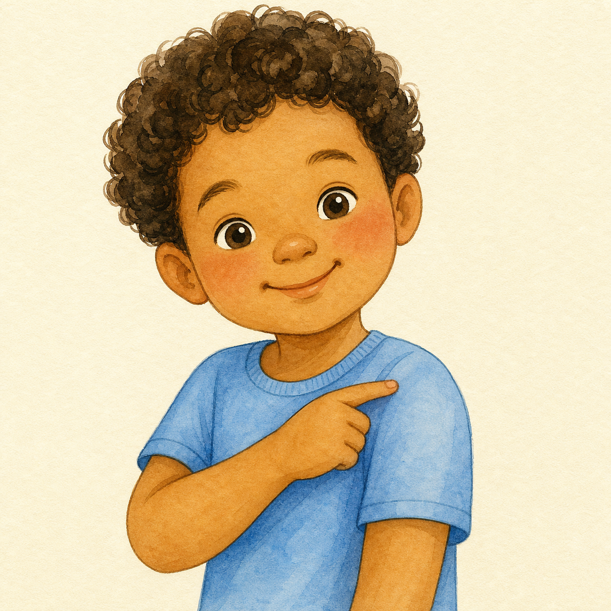 A child pointing to their shoulder.