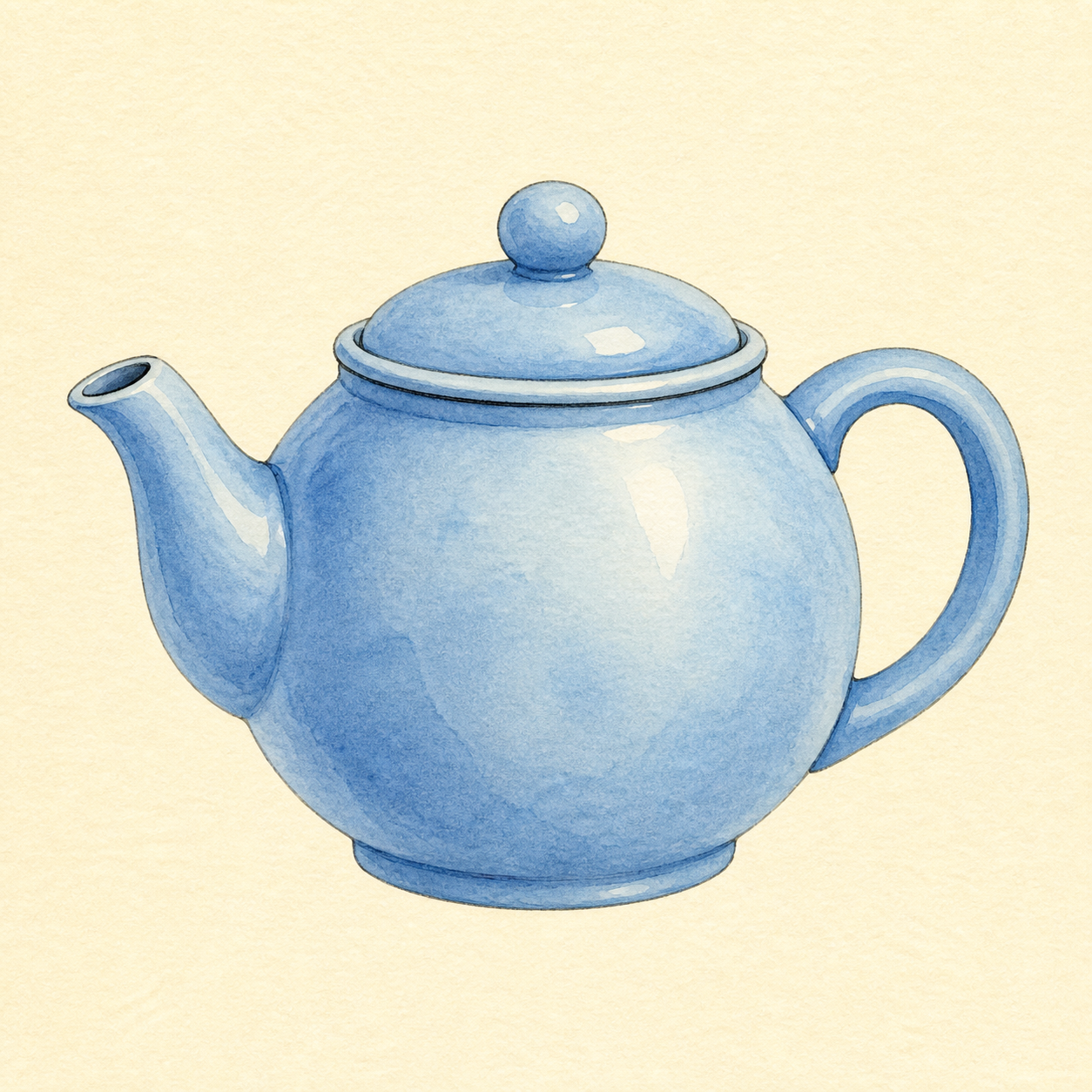 A rounded blue teapot.
