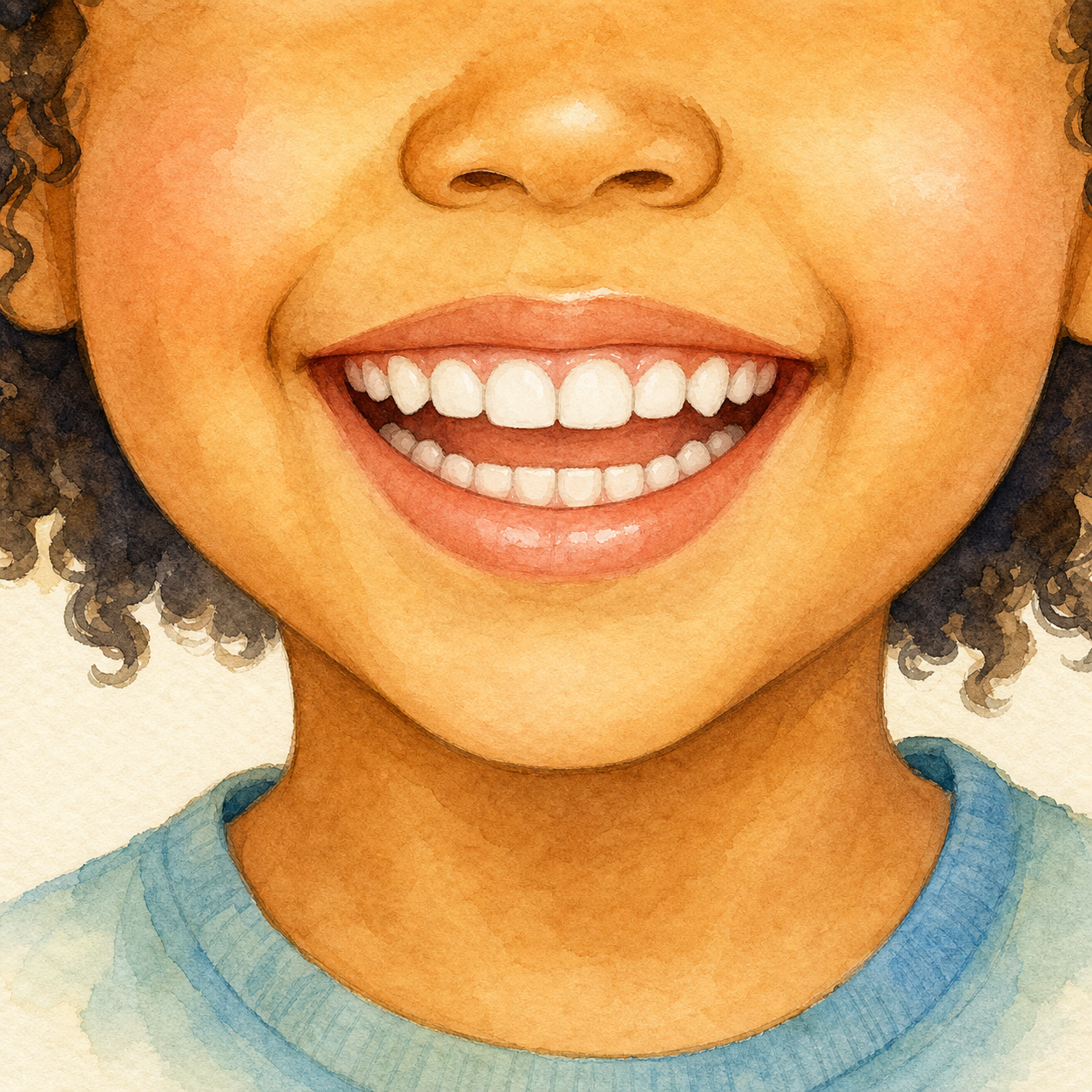 A smiling child showing their teeth.
