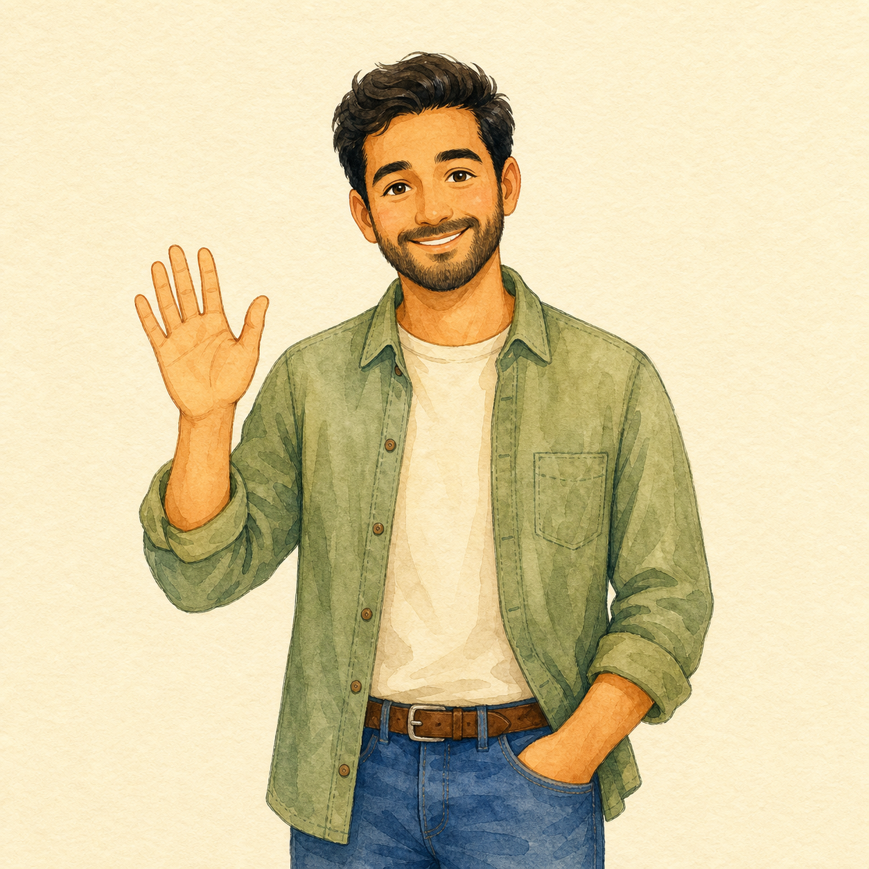 A friendly uncle waving.