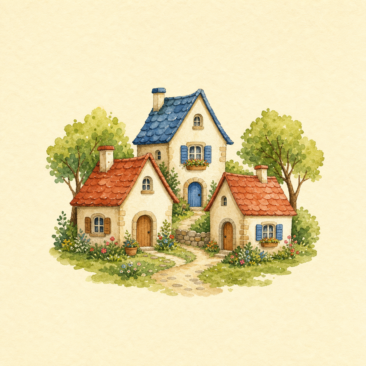 A peaceful village with three houses and trees.
