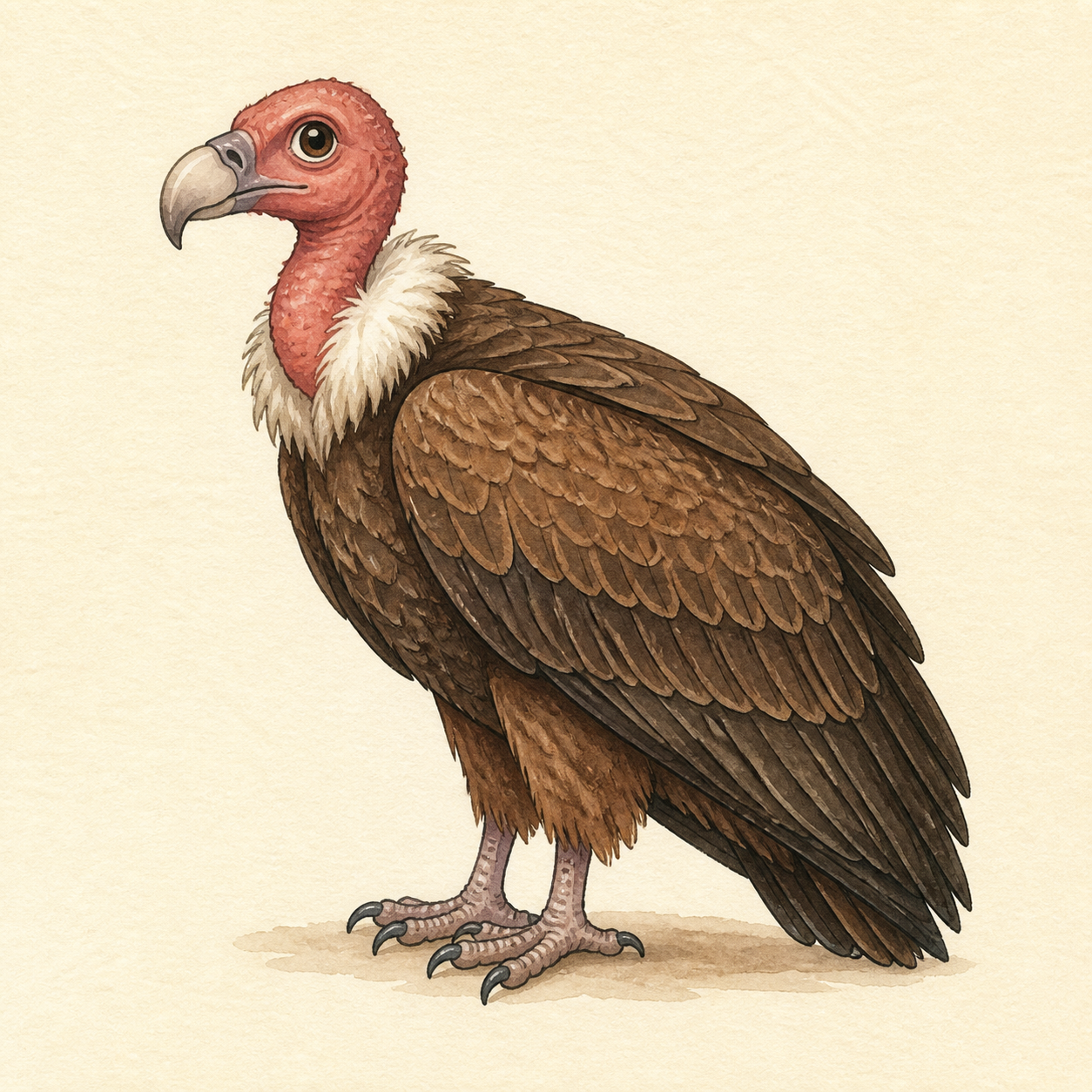 A calm brown vulture standing in side view.