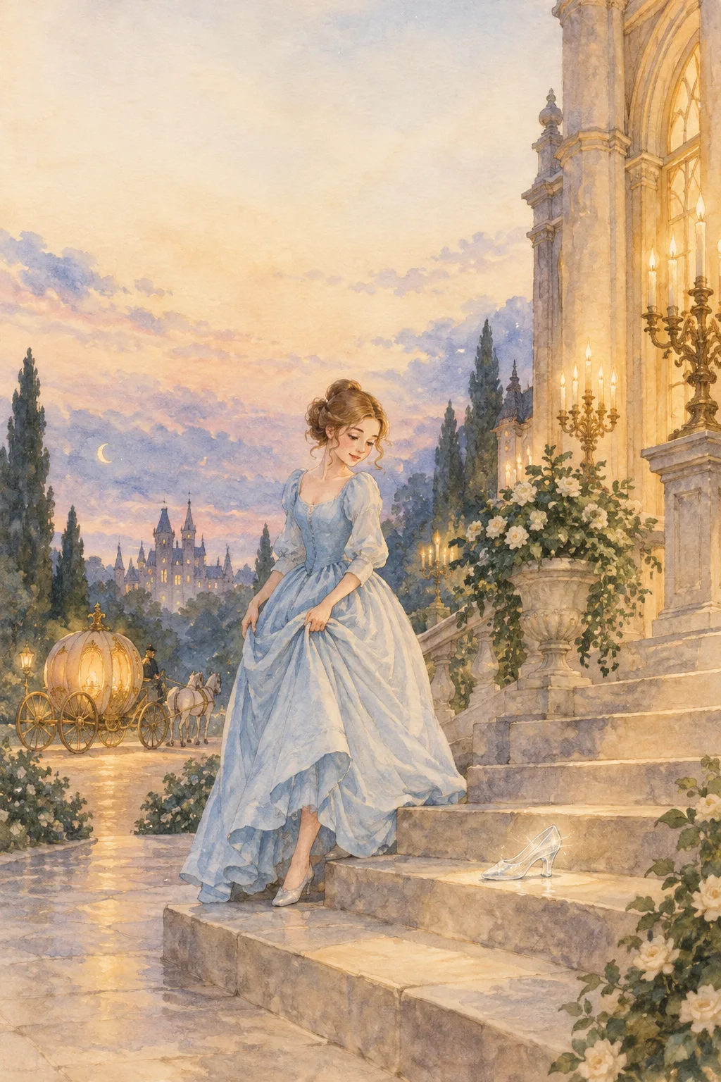 A young woman in a blue gown near a glowing carriage and a glass slipper