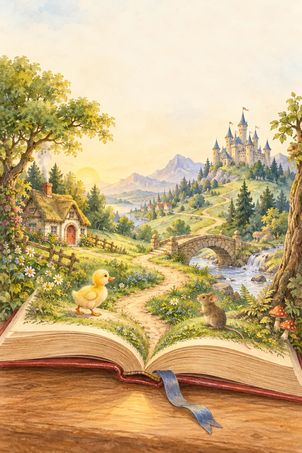 An open storybook becoming a path through a watercolor world