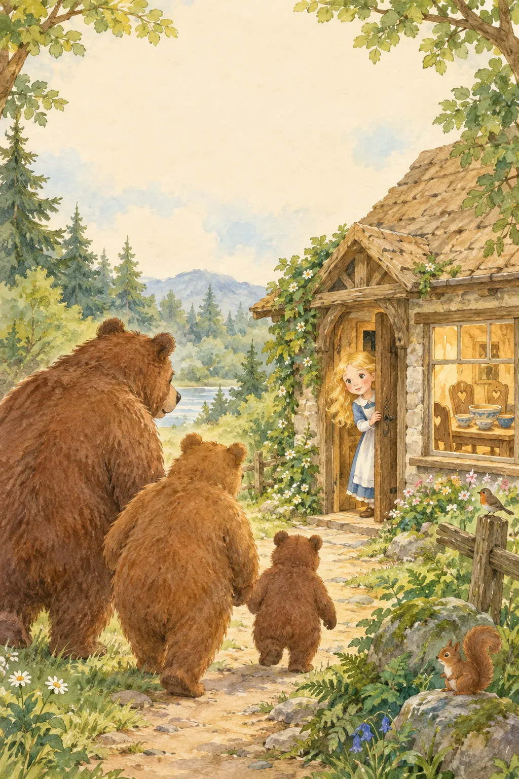 A golden-haired child at the doorway of a cozy bear cottage