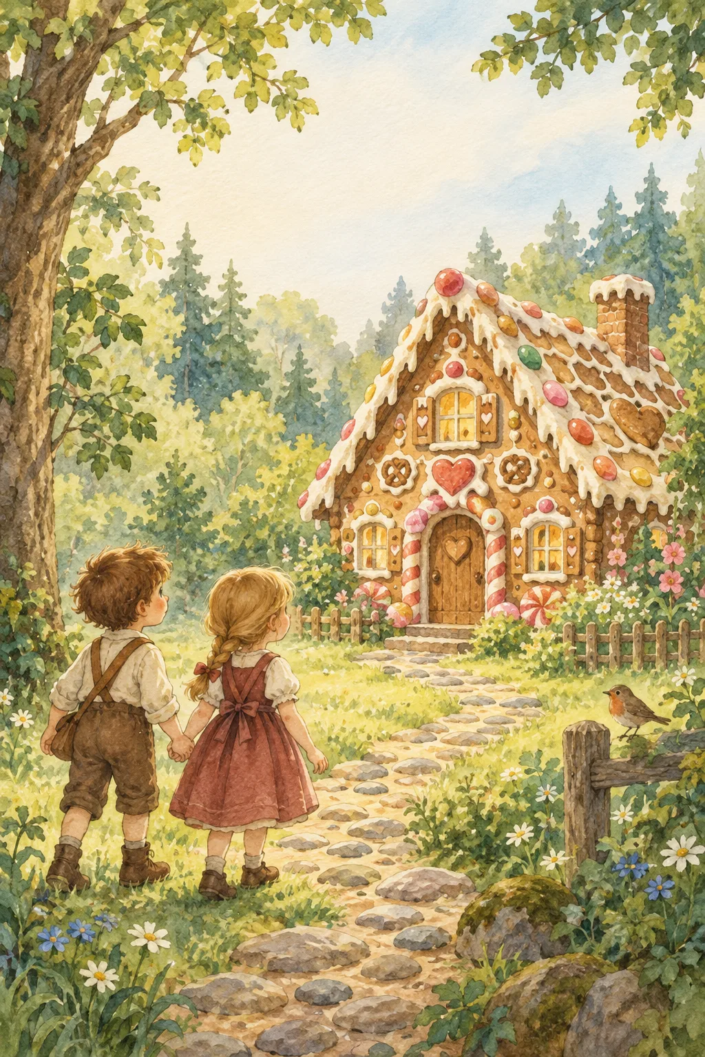 Two children discovering a candy-covered cottage in the woods