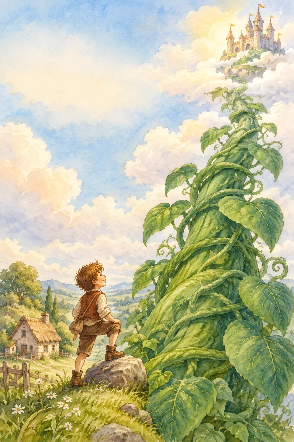 A child looking up a giant beanstalk that climbs into the clouds