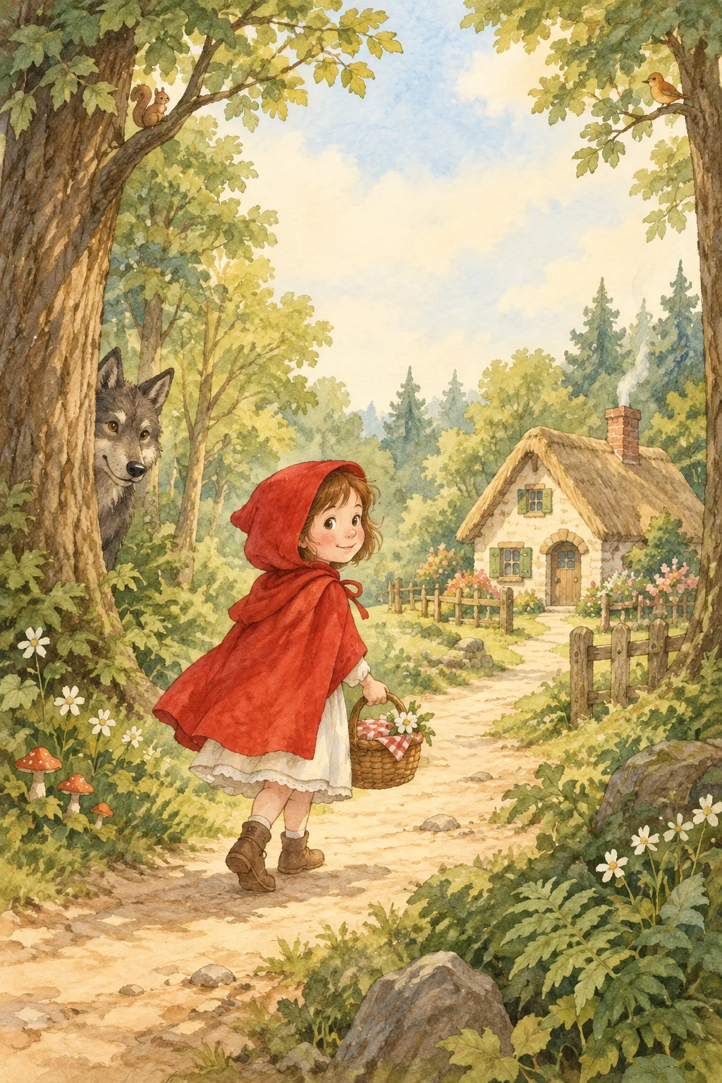A child in a red hood walking along a woodland path toward a cottage
