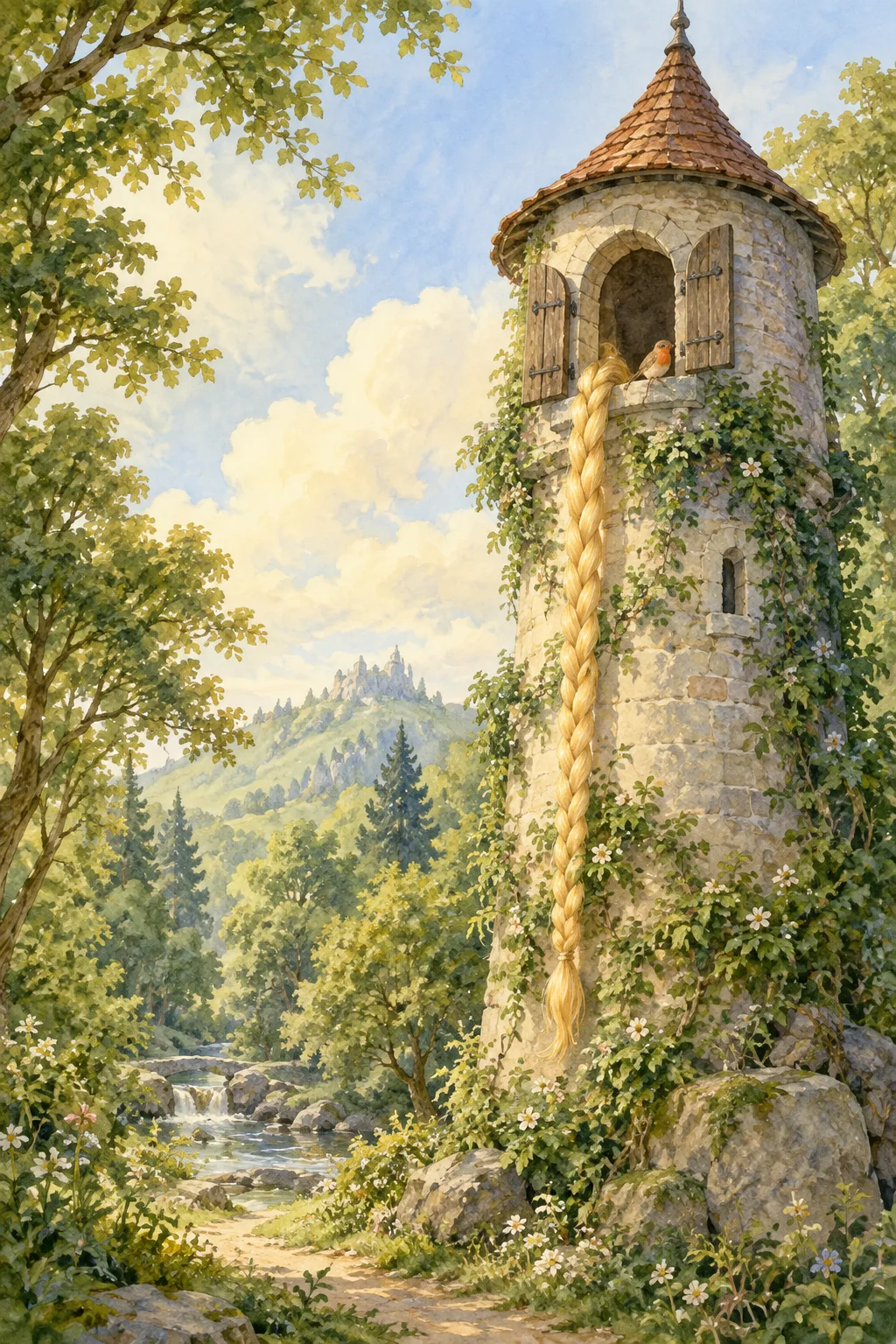 A long golden braid hangs from a stone tower in a green woodland
