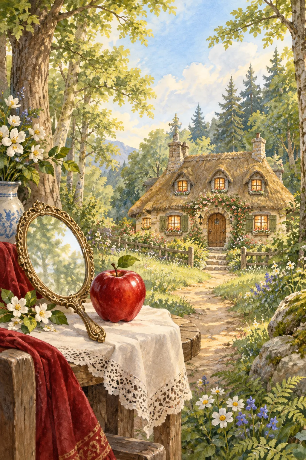 A mirror and red apple before a small cottage in a sunlit forest