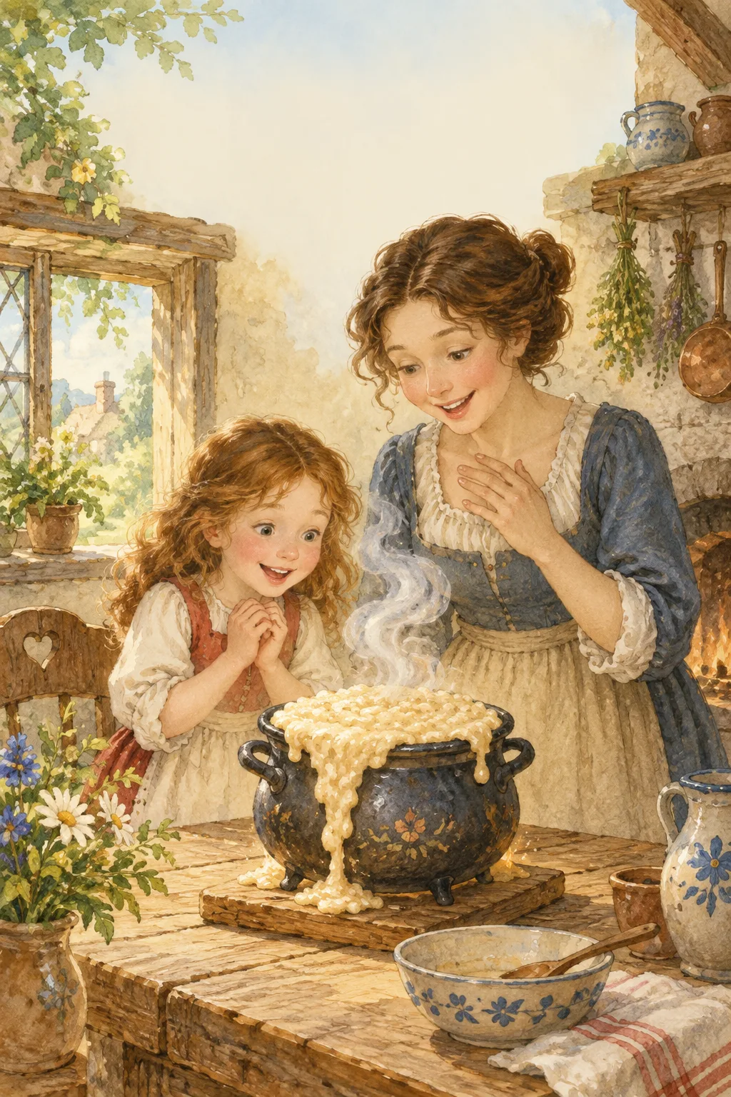 A little magic pot overflows with porridge in a cozy cottage kitchen