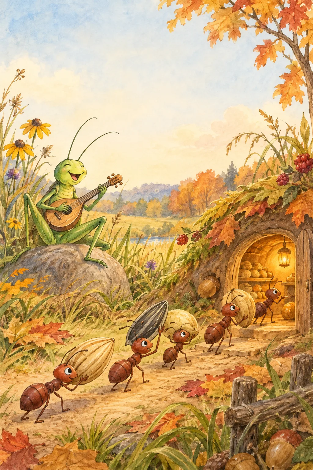 An ant carrying grain and a grasshopper playing music in a meadow
