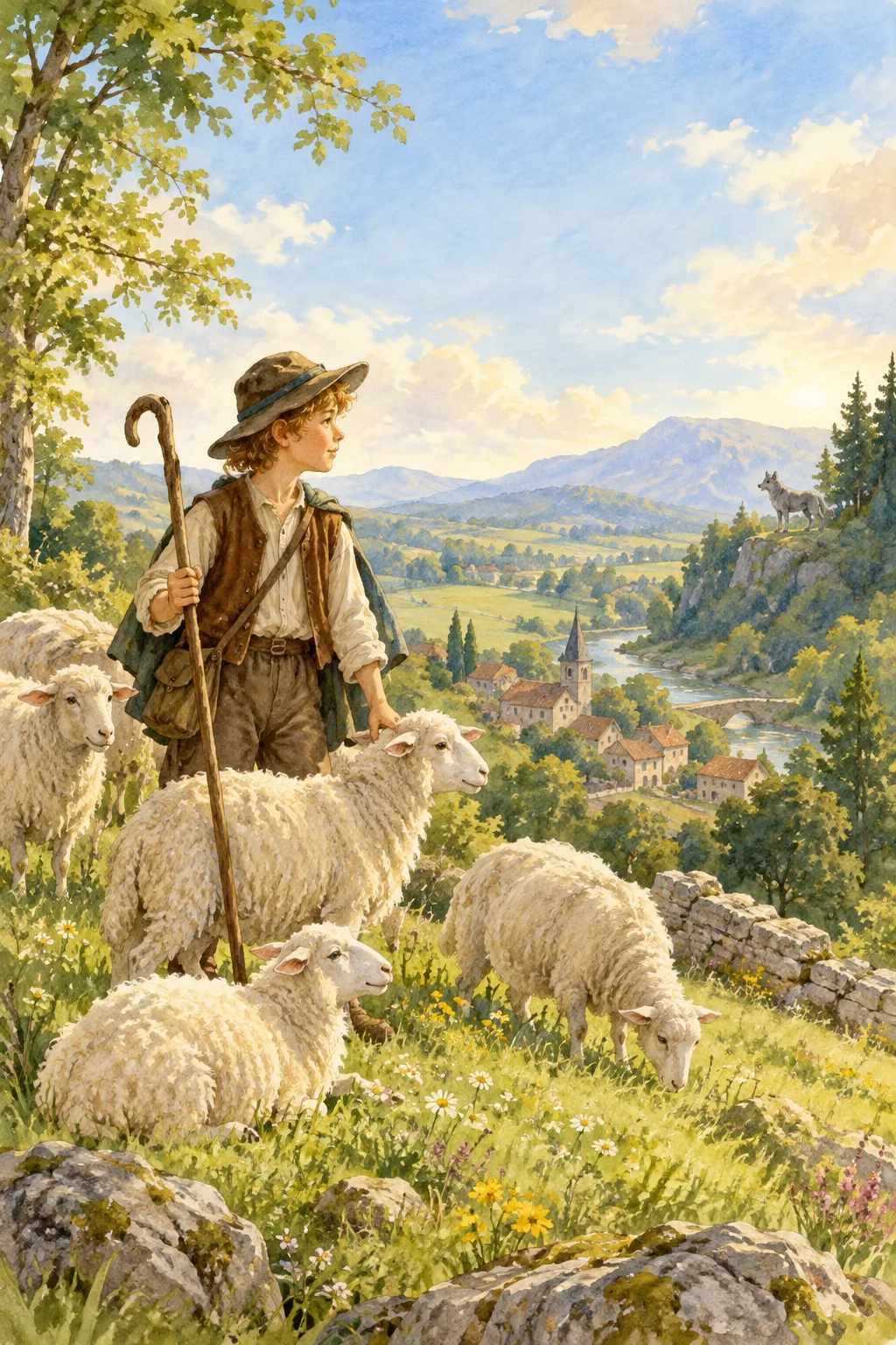 A young shepherd looks over a safe flock from a green hillside